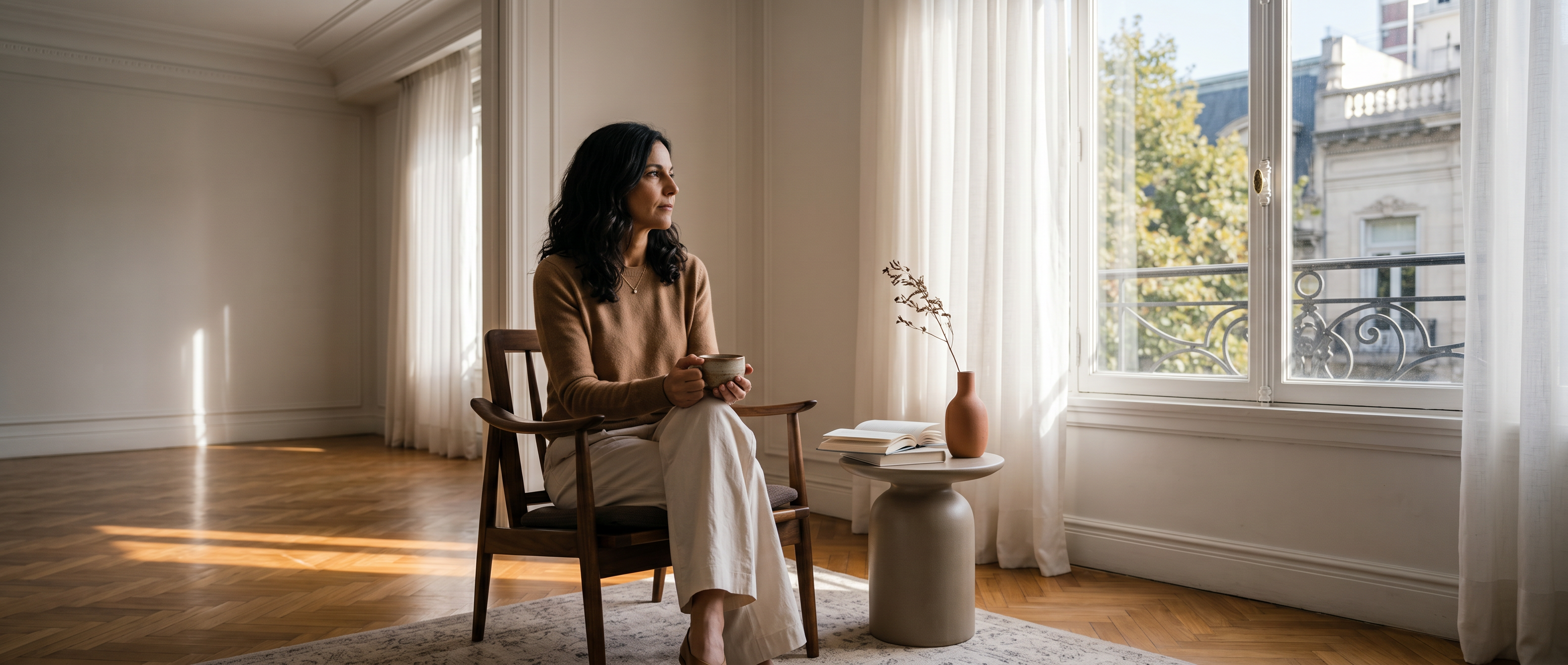 Mujer en living privado sosteniendo una taza de té, luz natural de mañana