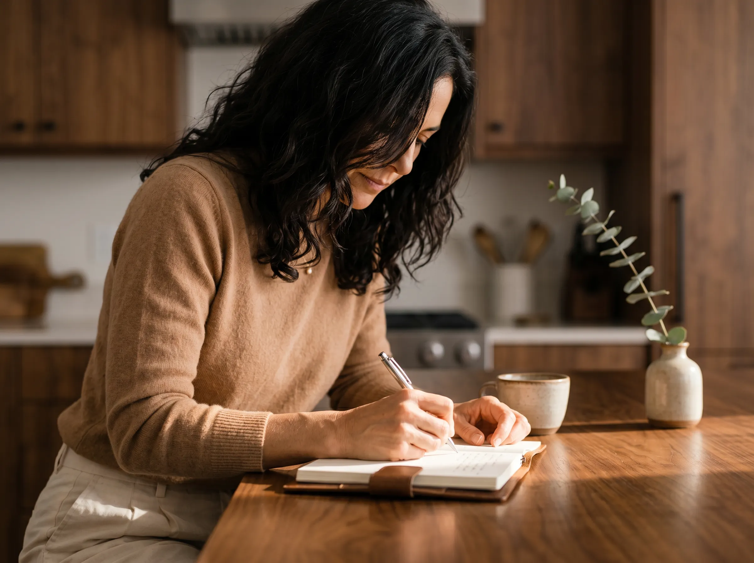 Mujer escribiendo en libreta junto a taza de café, mesa de madera