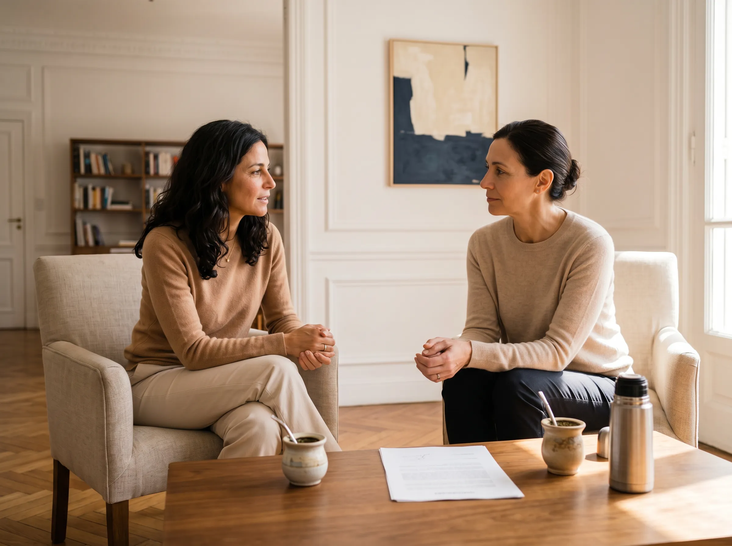 Dos mujeres conversando sobre una mesa de living, ambas relajadas, NDA firmado sobre la mesa
