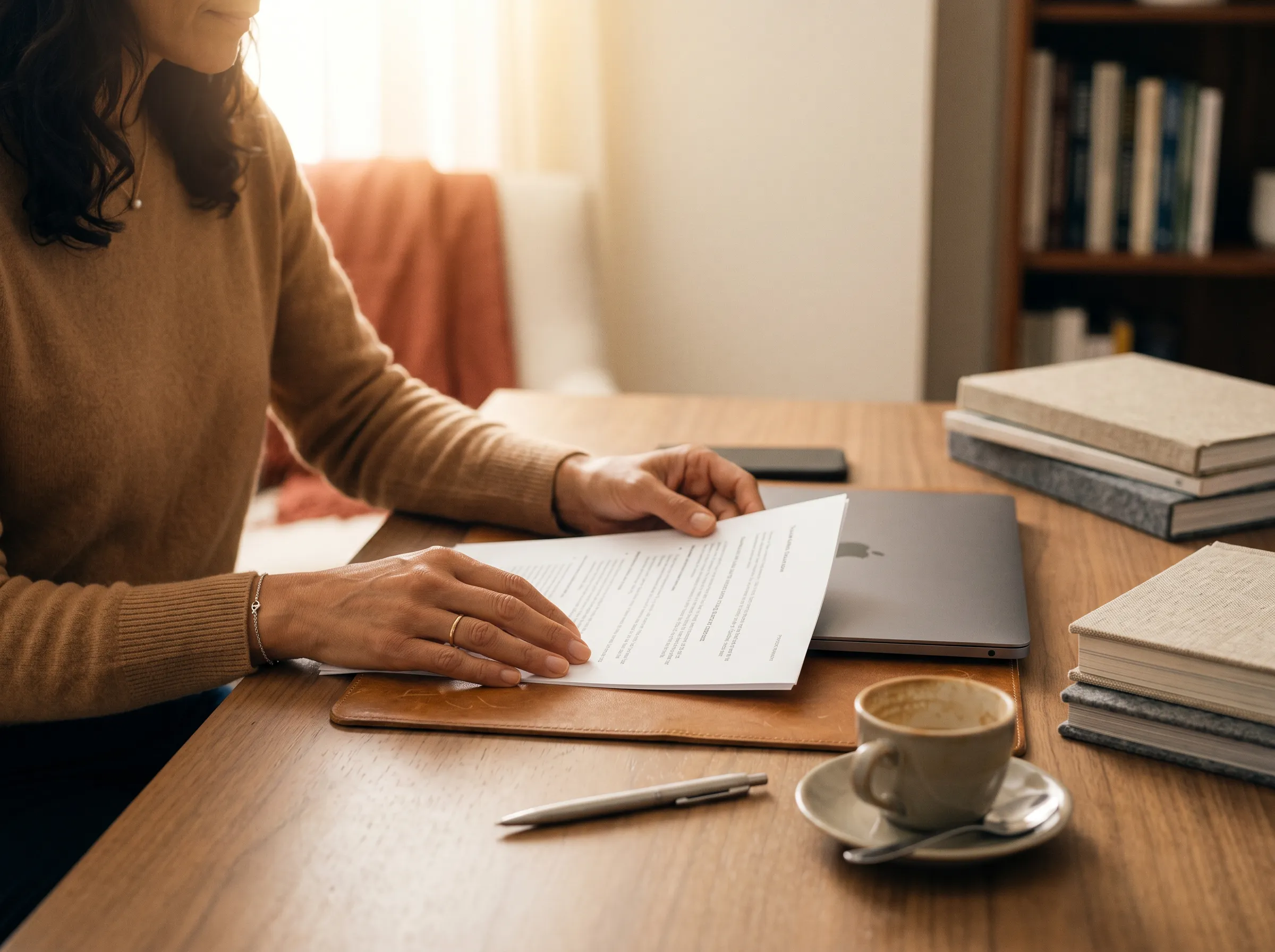 Manos femeninas revisando documentos impresos y notebook sobre escritorio de madera clara