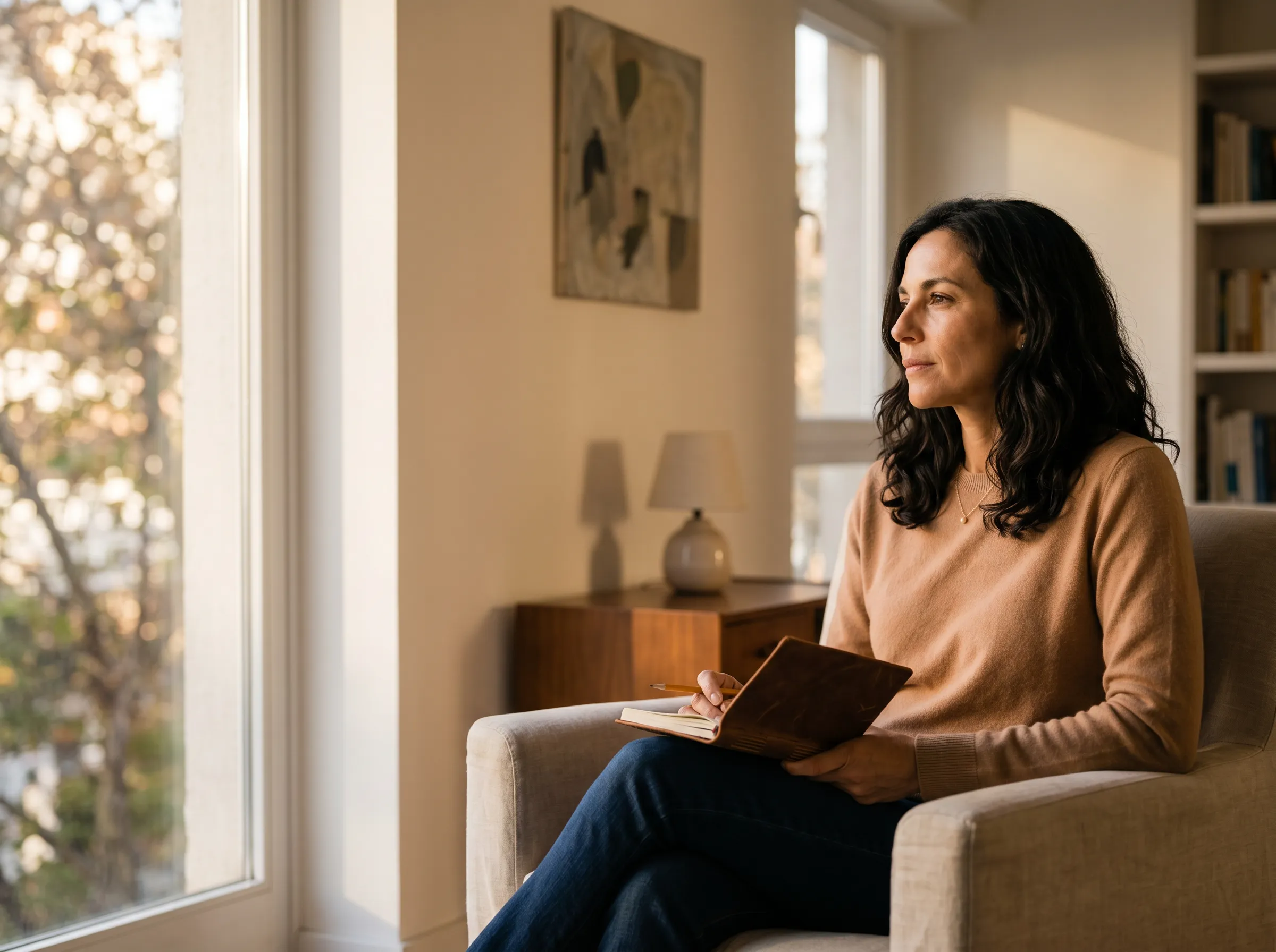 Mujer sentada en sillón mirando por ventana, luz de tarde, con libreta y lápiz en mano