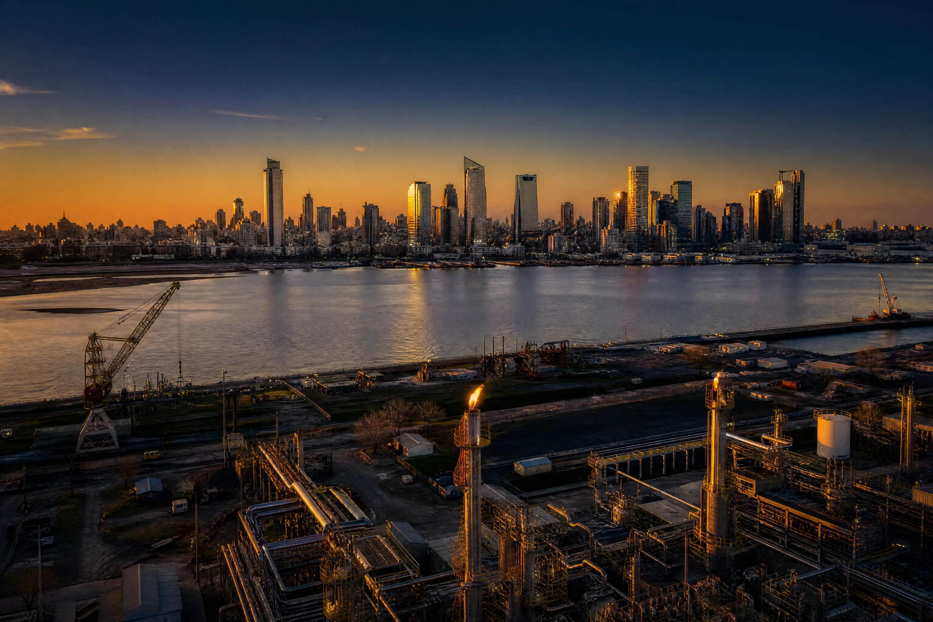Buenos Aires skyline and Argentina energy infrastructure at dusk